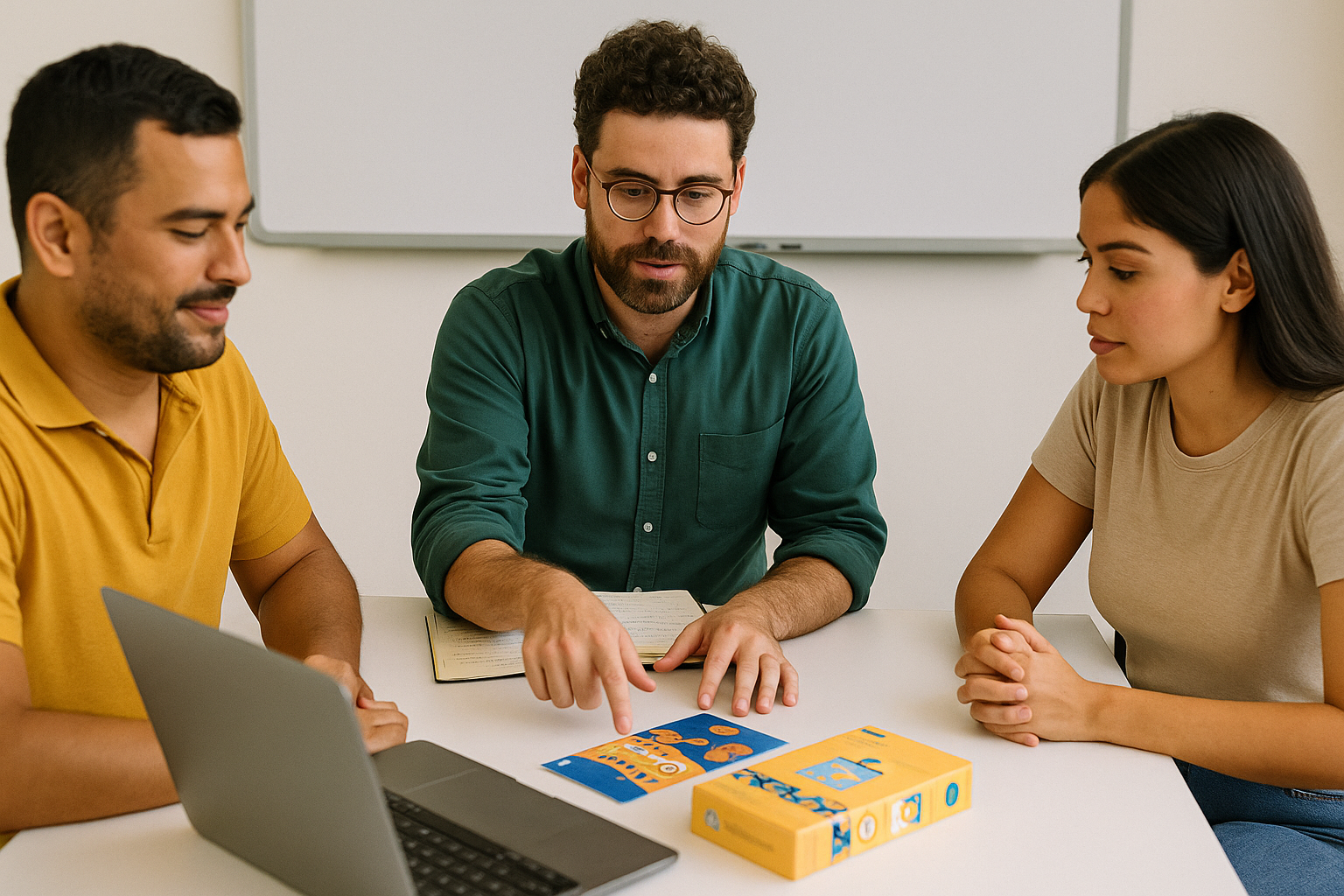 Three people sitting around a table with a laptop and card game