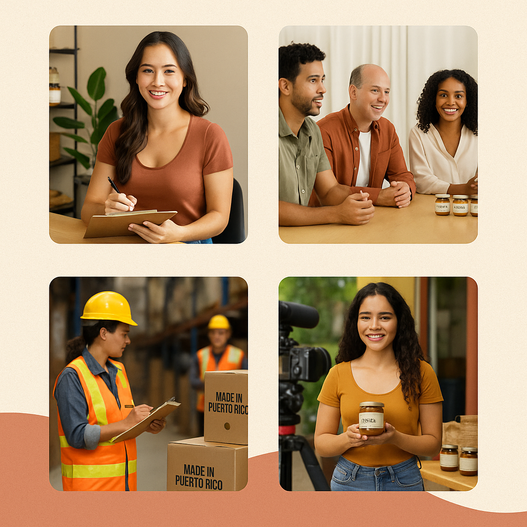 Collage of four scenes including a woman with a tablet, a group at a table, workers in a warehouse, and a woman holding a jar.
