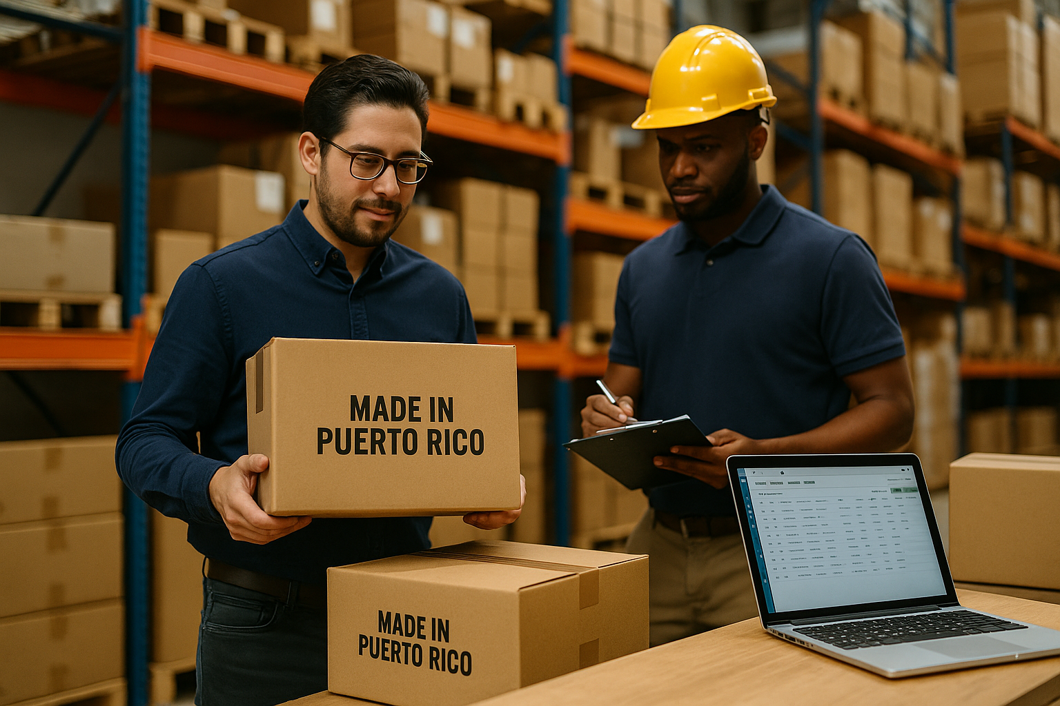 Two workers in a warehouse with 'Made in Puerto Rico' boxes and a laptop.