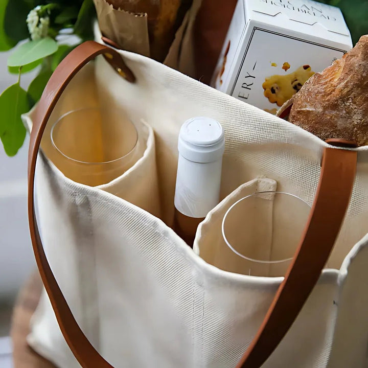 Close-up of tote bag showing multiple storage pockets