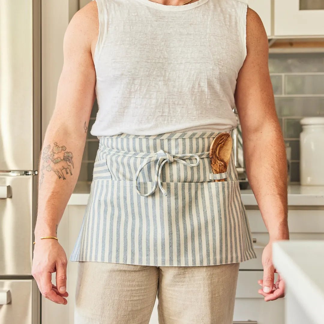 Striped waist apron made from recycled denim in Colombia
