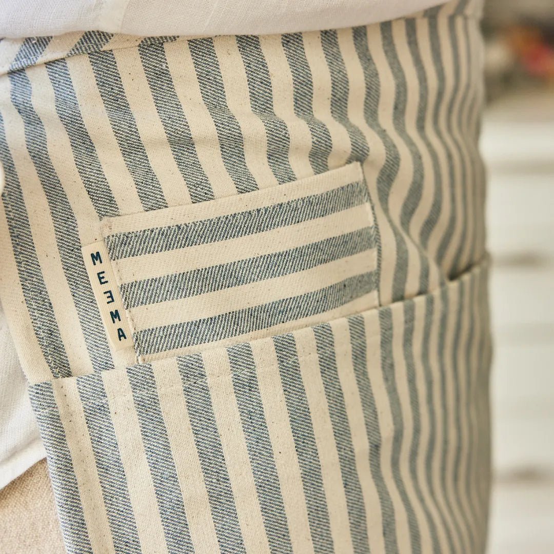 Striped waist apron made from recycled denim in Colombia