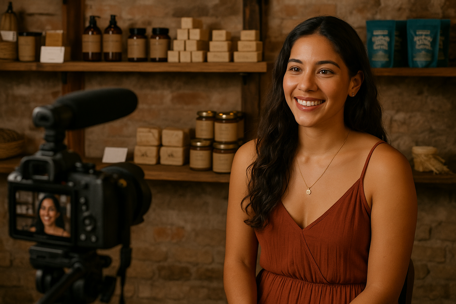 Woman in a brown dress standing in front of a camera in a store setting.