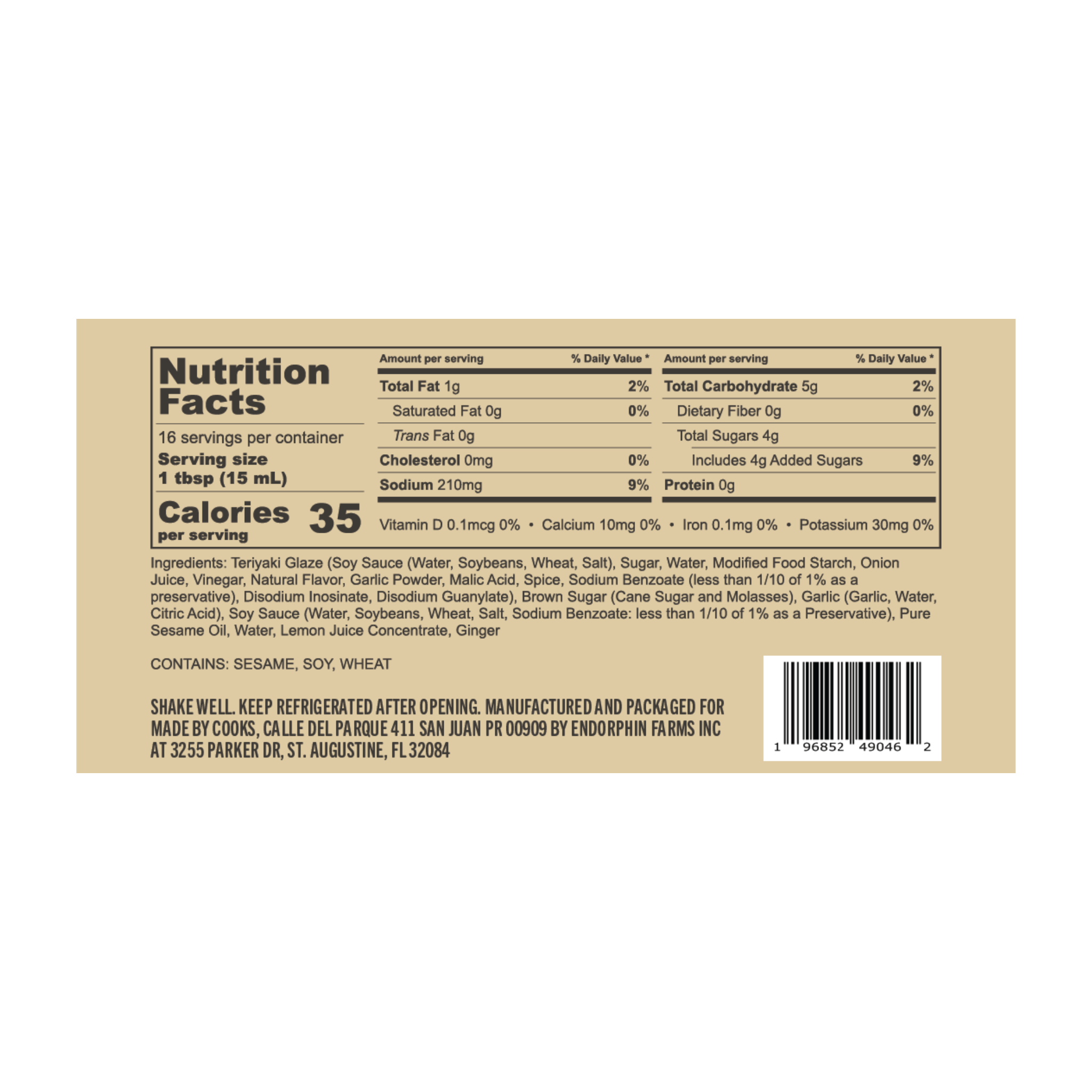 Nutrition facts label for Made By Cooks sesame ginger sauce showing calories, sodium, carbohydrates, and serving size