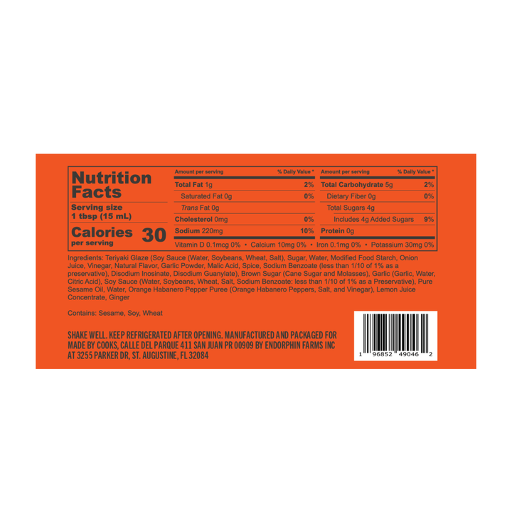 Nutrition facts label for Made By Cooks spicy sesame ginger habanero sauce showing calories, sodium, carbohydrates, and serving size