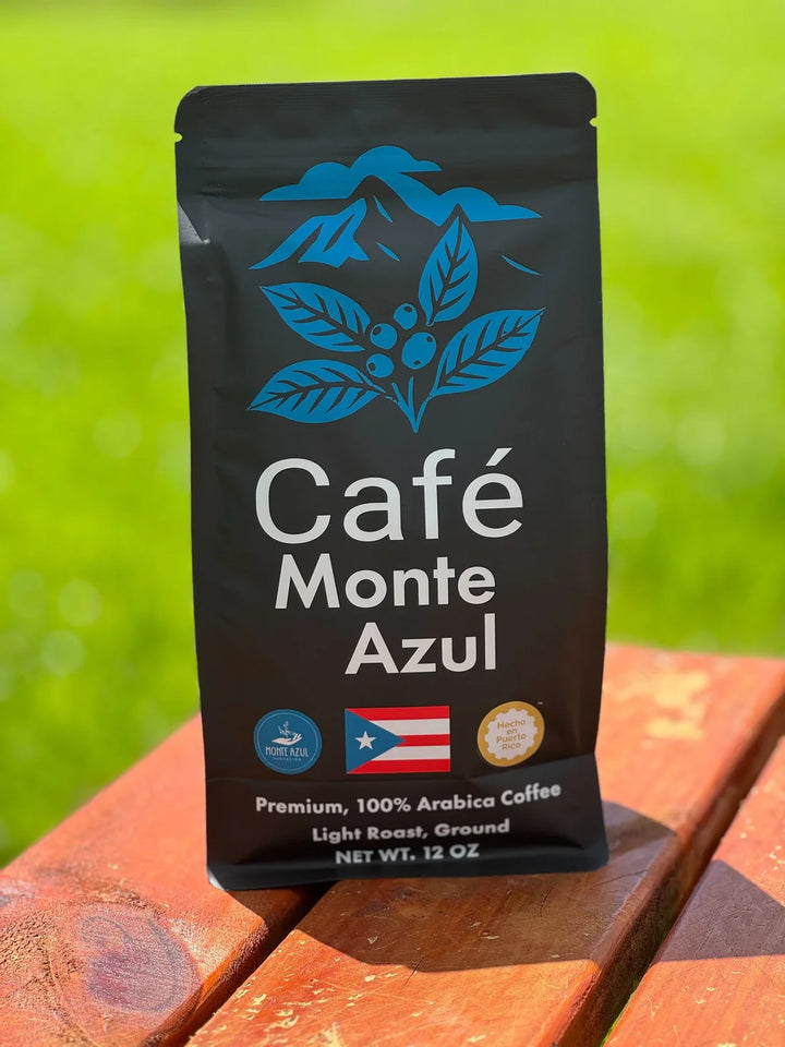Café Monte Azul 12 oz Puerto Rican ground coffee bag, front panel with Puerto Rico flag and blue coffee-branch artwork