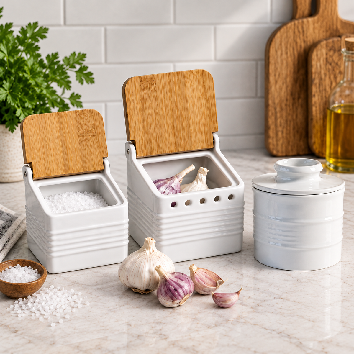 White stoneware kitchen set with butter crock, salt box and garlic keeper